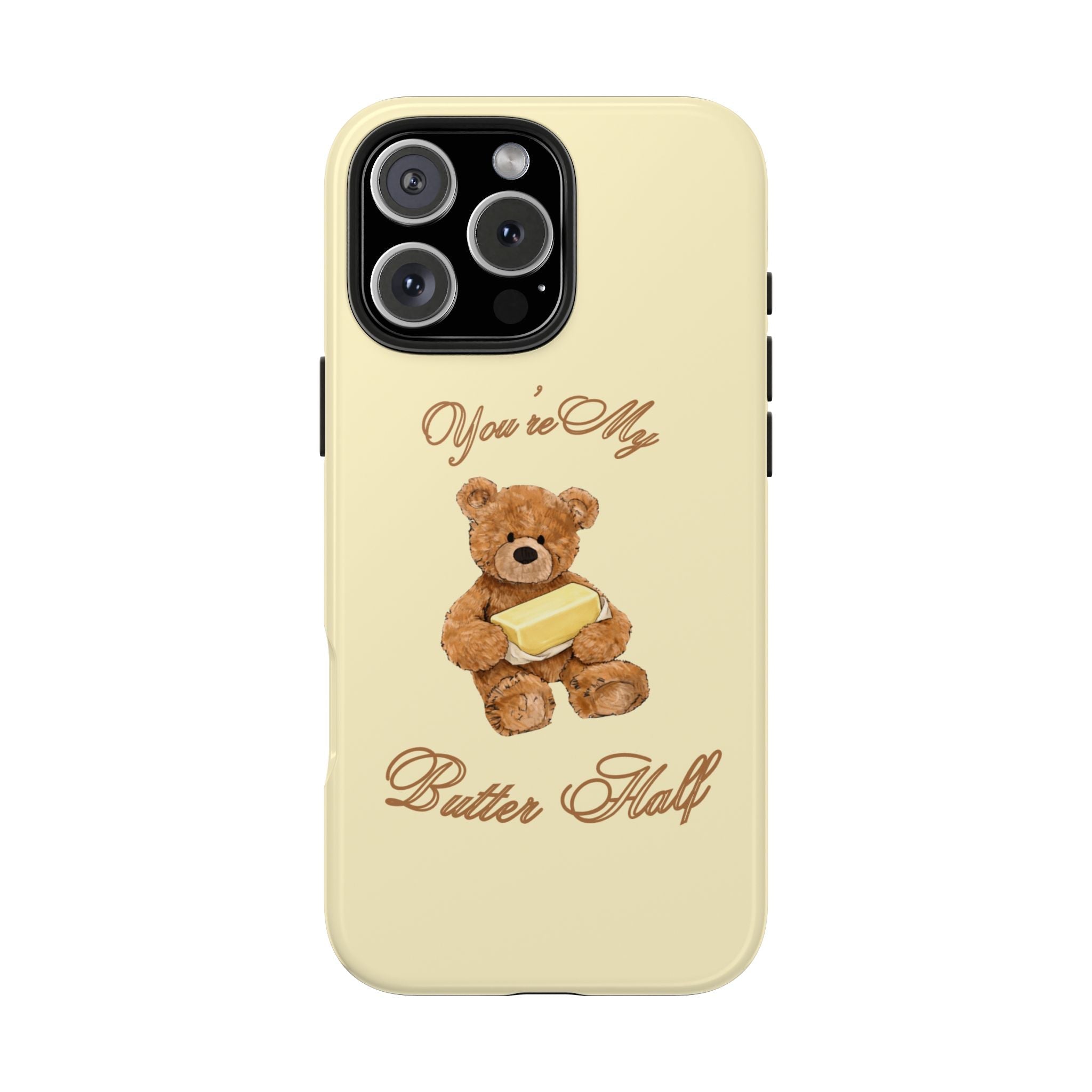 Yellow phone case with butter bear graphic and Butter Half script