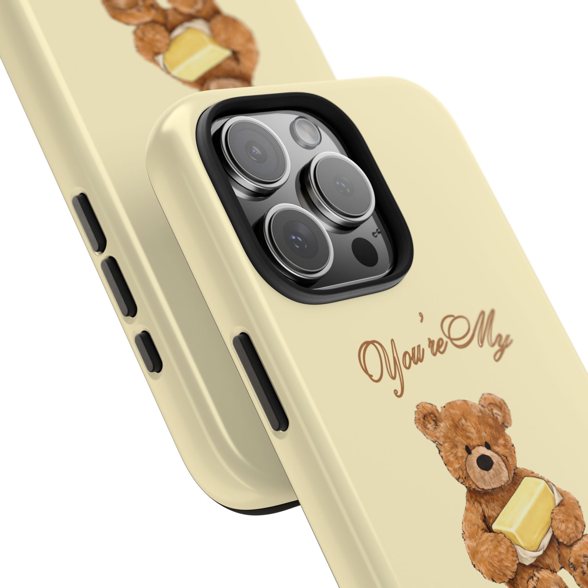 Yellow phone case side view with butter bear graphic and camera cutout