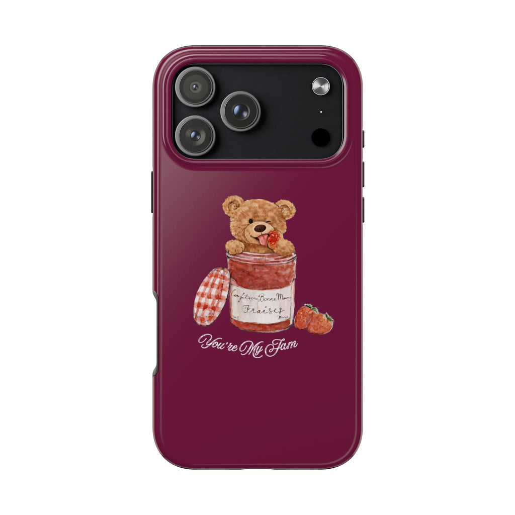 Burgundy phone case with teddy bear holding a jam jar and “You’re My Jam” text