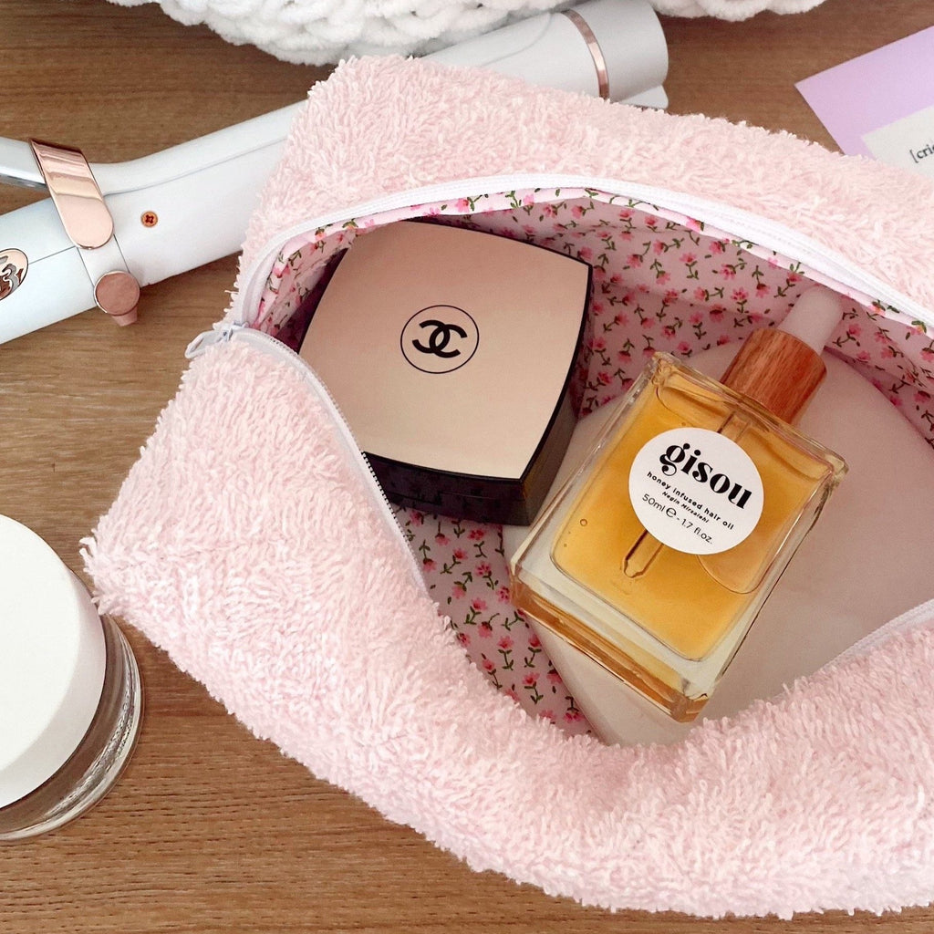 Baby pink teddy makeup bag, open top with ditsy floral lining inside