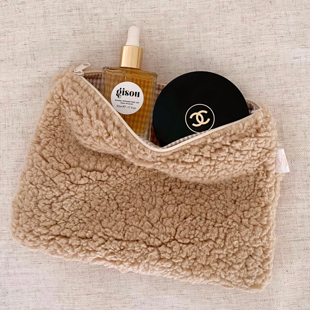 Camel soft teddy gingham pouch with sherpa-like texture and zip-top opening