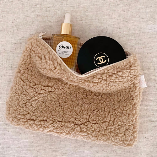 Camel soft teddy gingham pouch with sherpa-like texture and zip-top opening