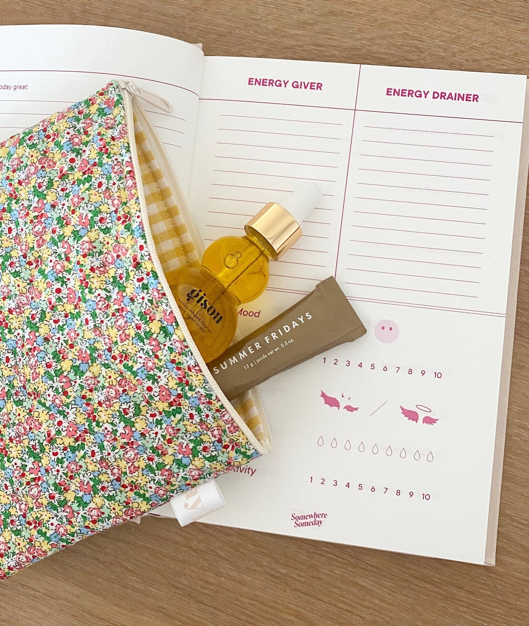 Floral flat pouch open with yellow gingham interior, drawstring tie and white label