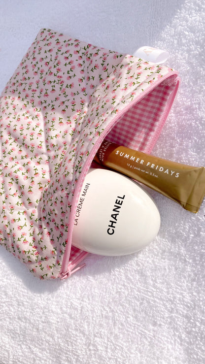 CUTE PINK FLORAL MAKEUP PURSE POUCH BAG