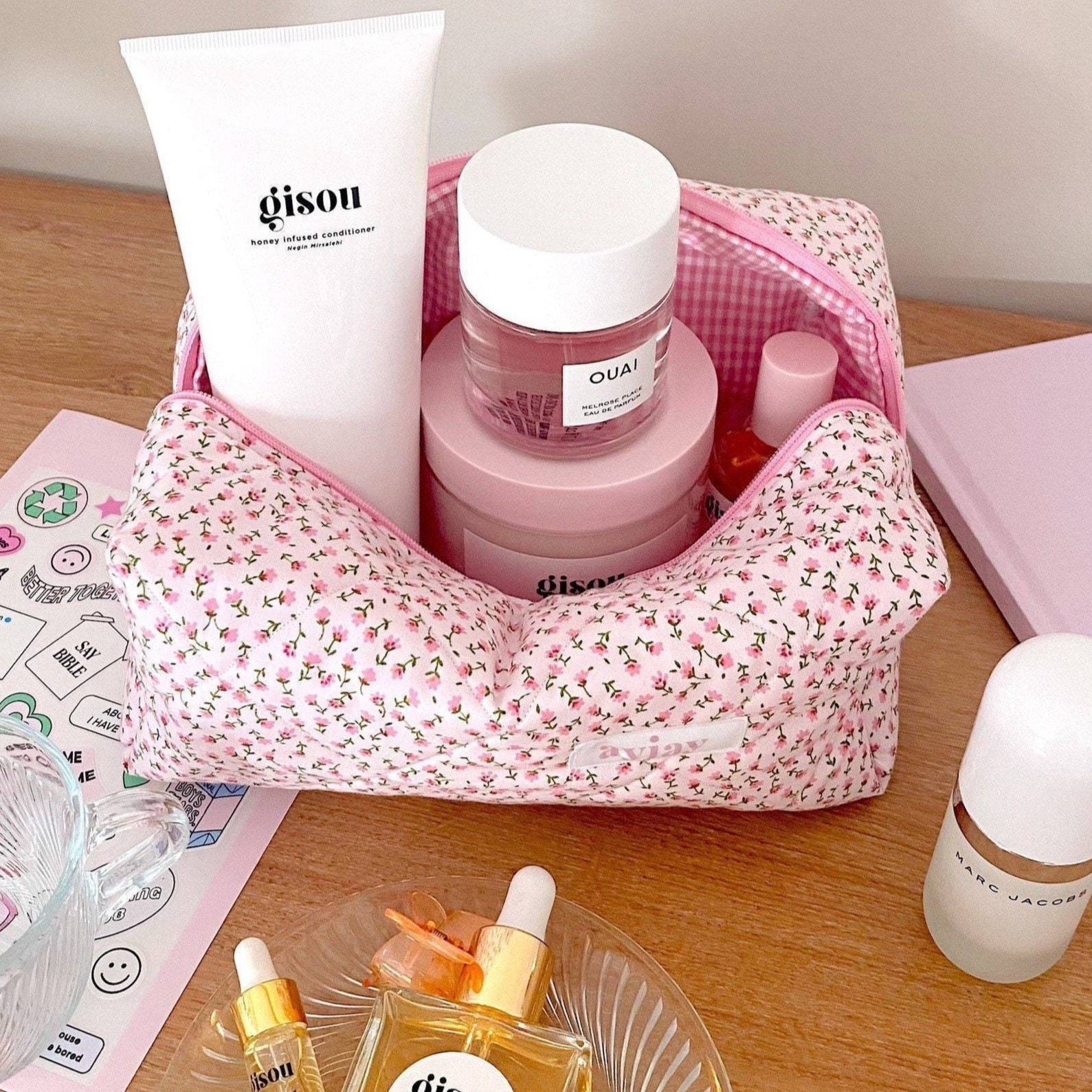 CUTE PINK FLORAL TOILETRY MAKEUP BAG 