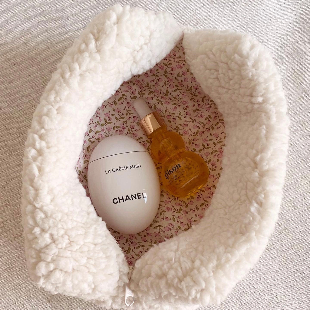BEIGE SOFT FLORAL FUZZY MAKEUP TOILETRY BAG NEUTRAL 