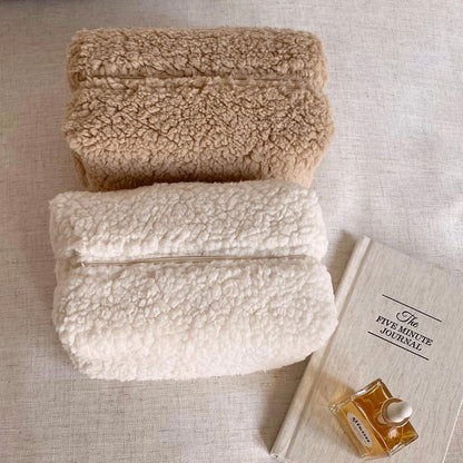 BROWN NEUTRAL SOFT FUZZY MAKEUP TOILETRY BAG