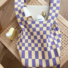 Load image into Gallery viewer, TOTEBAG KNIT YELLOW &amp; PURPLE GINGHAM
