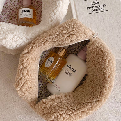 BROWN NEUTRAL SOFT FUZZY MAKEUP TOILETRY BAG