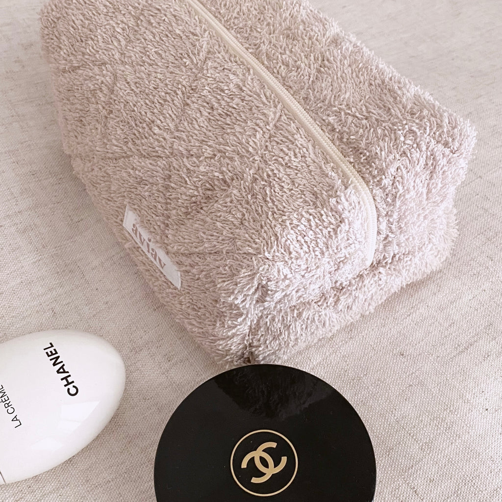 BEIGE TERRYCLOTH MAKEUP TOILETRY TRAVEL BAG