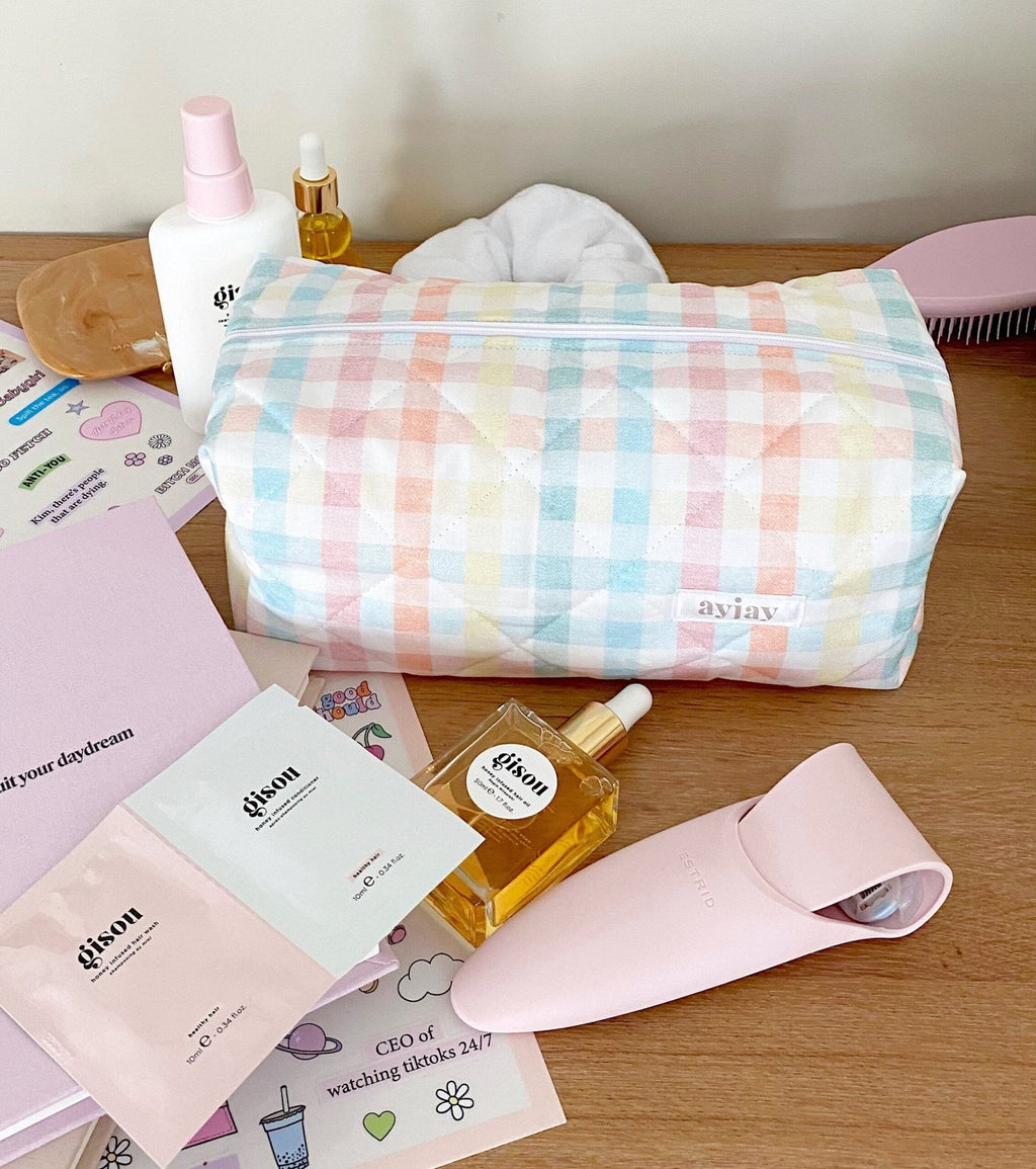 Pastel gingham cosmetic pouch with zipper, front panel and embroidered logo