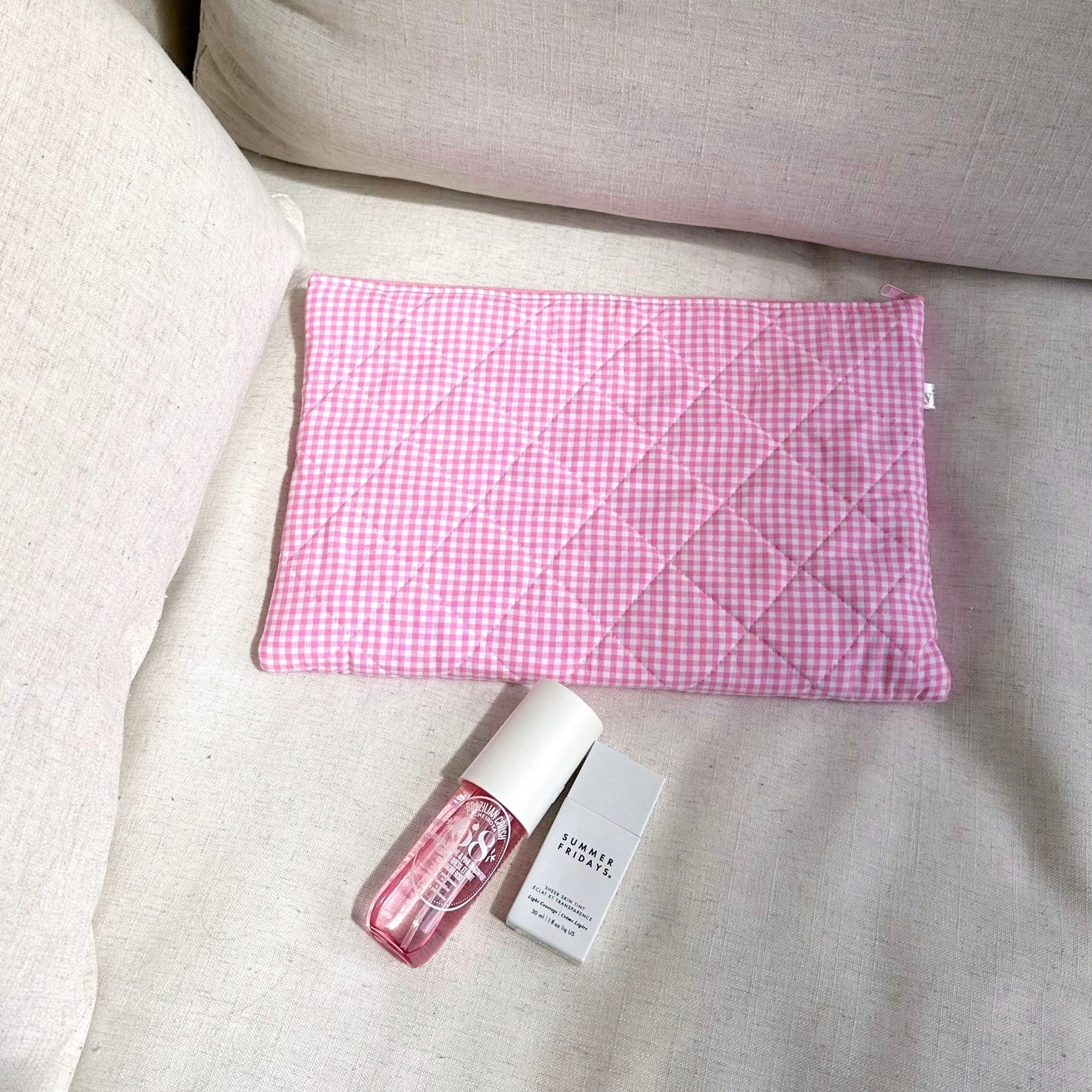 Pink gingham clutch pouch, flat front with zip closure