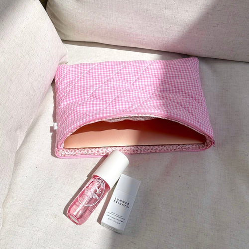Pink gingham pouch, open zip top with floral lining