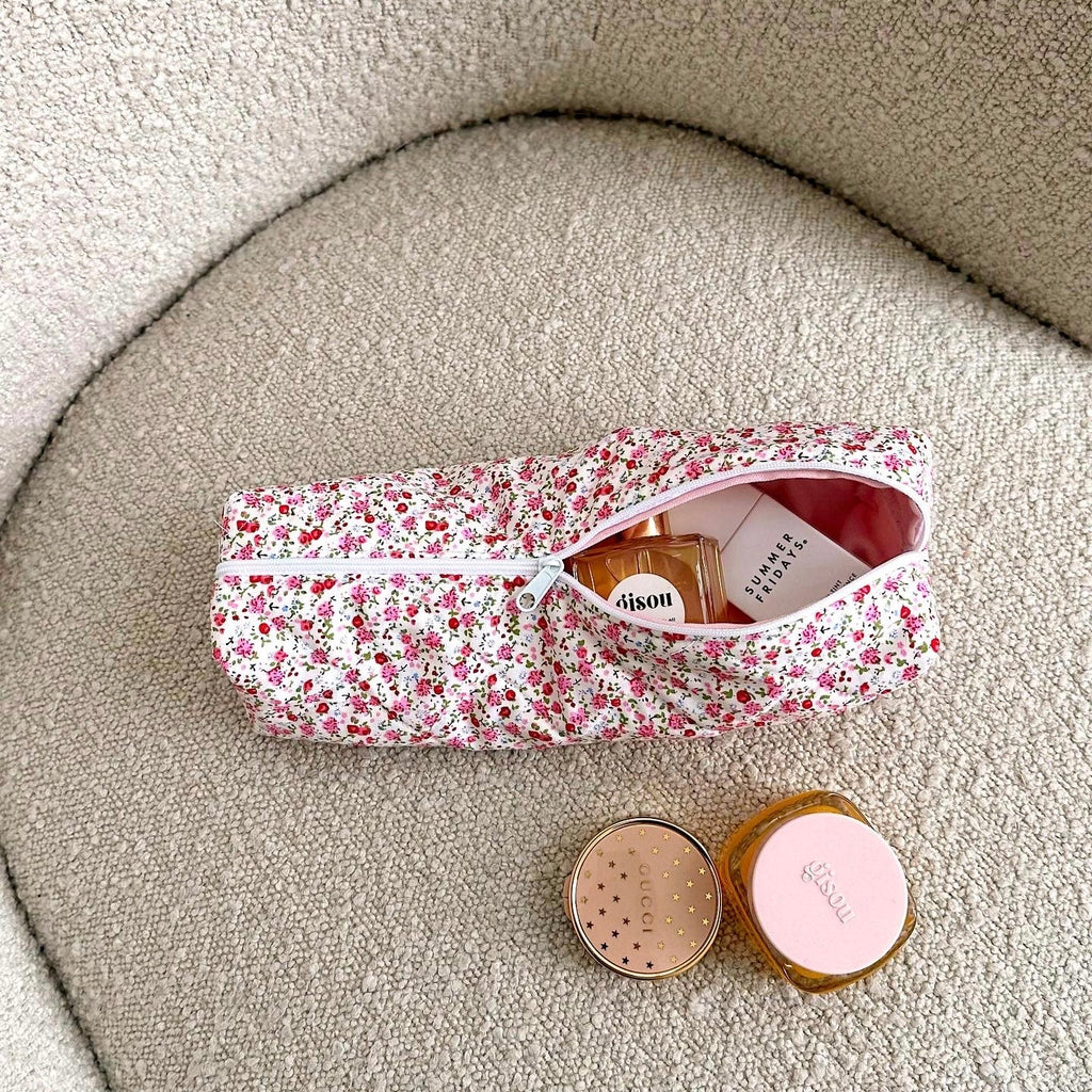 Red minimalist floral zip pouch, wristlet-style makeup organizer, small cosmetic bag
