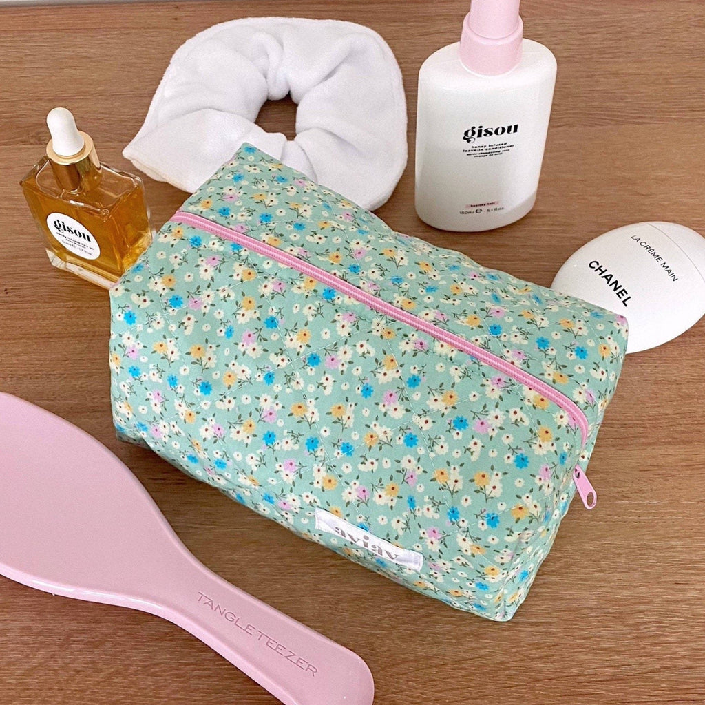 Vintage floral zip pouch, light teal with small multicolor flowers and pink zipper