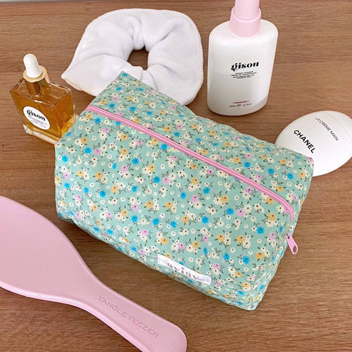 Vintage floral zip pouch, light teal with small multicolor flowers and pink zipper